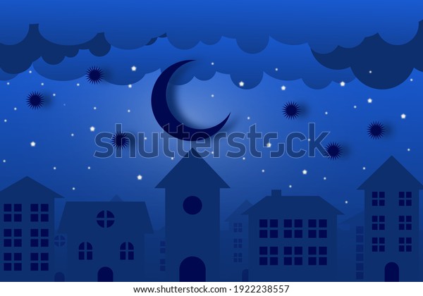 Night\
city dark moon with stars on a cloudy night\
sky.