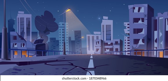Night city destroy in war zone, abandoned buildings and bridge with smoke and creepy glow. Destruction, natural disaster or cataclysm, post-apocalyptic broken ruined road, cartoon vector illustration