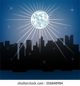 Night city with disco ball vector illustration. Dark urban scape. Night cityscape in flat style. Night city disco ball skyline abstract background. Modern night city landscape.