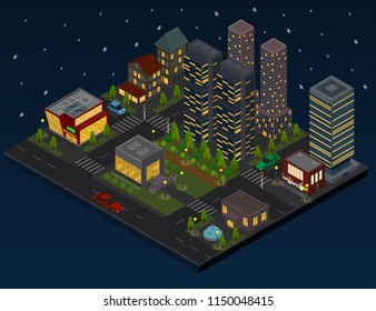 Night City District Panorama Outdoor Scene Concept 3d Isometric View Include of Building, Shop and Road. Vector illustration