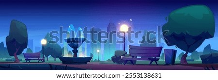 Night city downtown park with fountain. Vector cartoon illustration of dark public garden with street light illumination, green trees, bushes, lawn, wooden benches, modern cityscape with skyscrapers