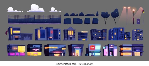 Night city elements, street constructor, urban architecture design objects isolated set. Cartoon houses, store buildings, street lamps, trees, clouds, litter bin, traffic lights, Vector illustration