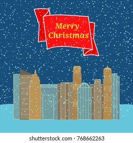 Night city with falling snow and a red ribbon with the inscription Happy Christmas. Vector illustration.