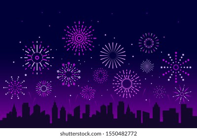 Night city fireworks. Festive christmas pyrotechnics firecrackers with urban skyline. Xmas party festival salutes vector background