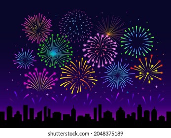 Night city fireworks. Firework festival scene, summer celebrate. New year holiday landscape, town silhouette and show in sky. Carnival tidy vector background