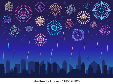 Night city fireworks. Holiday feast celebration firework, celebrated festive firecracker over town new year, carnival or independence day celebrate silhouette vector background