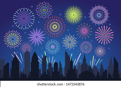 Night city fireworks. Holiday feast celebration firework, celebrated festive firecracker over town new year, carnival or independence day celebrate silhouette vector background