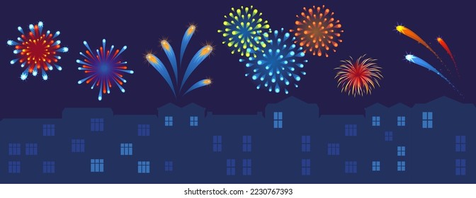 Night city fireworks, holiday festival, rejoicing sky skyline, party anniversary flash, design, cartoon style vector illustration.