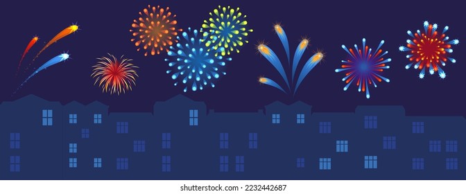 Night city fireworks, holiday festival, rejoicing sky skyline, party anniversary flash, design, cartoon style vector illustration.