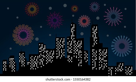 Night city fireworks.celebrated festive firecracker over town new year, carnival or independence day celebrate silhouette vector background