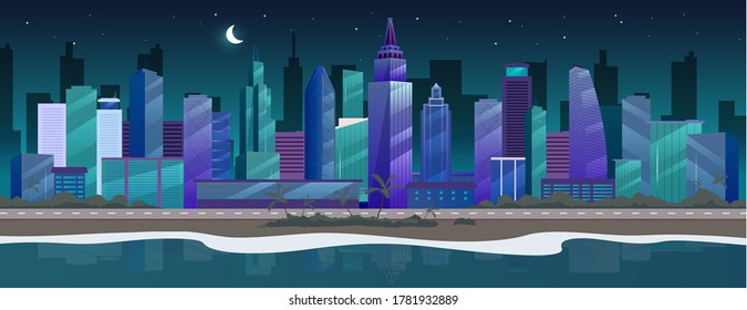 Night city flat color vector illustration. Seaside skyline. Nighttime metropolis 2D cartoon cityscape with skyscrapers on background. Sandy beach panorama with palm trees and skyscrapers