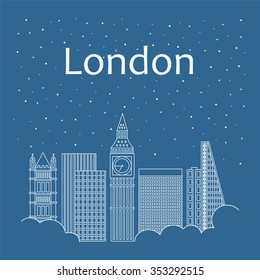Night city in flat style for banner, poster, illustration, game, background. Metropolis in line style - snow is falling. Night life and starry sky in London. Hackathon, workshop, seminar, lecture