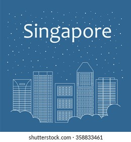 Night city in flat style for banner, poster, illustration, game, background. Metropolis in line style - snow is falling. Night life and starry sky in Singapore. Hackathon, workshop, seminar, lecture
