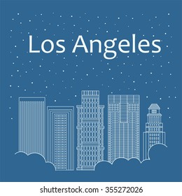 Night city in a flat style for banners, posters, illustration. Metropolis in a flat style - the snow is falling. Night life and starry sky in Los Angeles. Building city of Los Angeles - line style