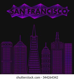 Night city in flat style. Buildings famous cities in form of lines. Poster or banner for event in city - San Francisco. Vector illustration of stylized buildings. Skyscraper and tower for landmark.