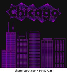 Night city in flat style. Buildings famous cities in form of lines. Poster or banner for event in city - Chicago. Vector illustration of stylized buildings. Skyscraper and tower for landmark.