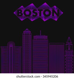 Night city in flat style. Buildings famous cities in form of lines. Poster or banner for event in city - Boston. Vector illustration of stylized buildings. Skyscraper and tower for landmark.