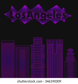 Night city in flat style. Buildings famous cities in form of lines. Poster or banner for event in city - Los Angeles. Vector illustration of stylized buildings. Skyscraper and tower for landmark.