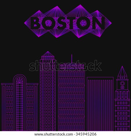 Night city in flat style. Buildings famous cities in form of lines. Poster or banner for event in city - Boston. Vector illustration of stylized buildings. Skyscraper and tower for landmark.