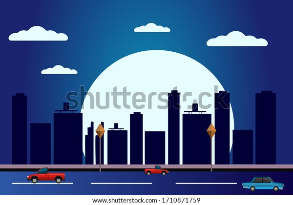 Night city Flat\
vector illustration . abstract urban style city illustration with\
moon, sky, cars .