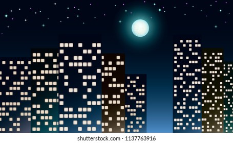 Night city. Full moon and lights in windows of houses. Vector illustration.