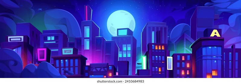 Night city with full moon in starry sky. Vector cartoon illustration of skyscrapers shining with neon color windows, cloudy midnight skyline, high-rise office and housing buildings, downtown district