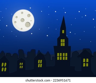 Night city full moon with stars on a cloudy night sky.