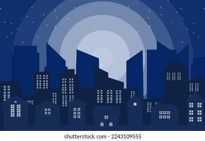Night city full moon with stars on a cloudy night sky. in the night