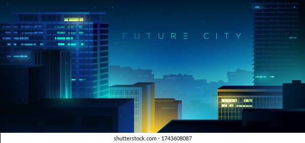 Night city. Futuristic cityscape panoramic view background with glowing illumination. Cyberpunk and retro wave style illustration.