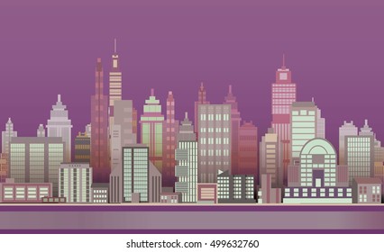 night city game background 2d game application. Vector design. Tileable horizontally. Size 1024x512. Ready for parallax effect