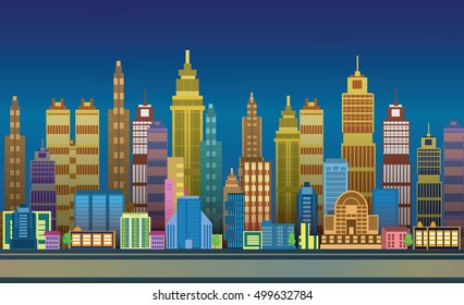 night city game background 2d game application. Vector design. Tileable horizontally. Size 1024x512. Ready for parallax effect