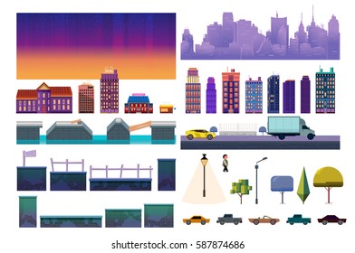 Night City Game Level Kit. Vector collection For Video Game On White Background