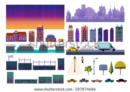 Night City Game Level Kit. Vector collection For Video Game On White Background