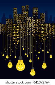 Night city and glowing light bulbs hanging on wires. Energy saving concept