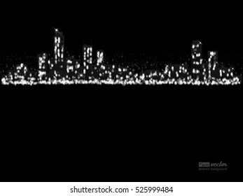 Night city with glowing light effects. Urban cityscape. Shining glitter particles allocated on neutral background. Space for your message. Eps 10 vector illustration .