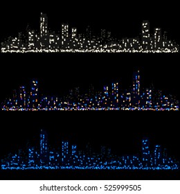 Night city with glowing light effects. Urban cityscape. Shining glitter particles allocated on neutral background. Space for your message. Eps 10 vector illustration.