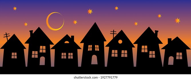 Night city, group of houses, black silhouette on rainbow background, vector illustration