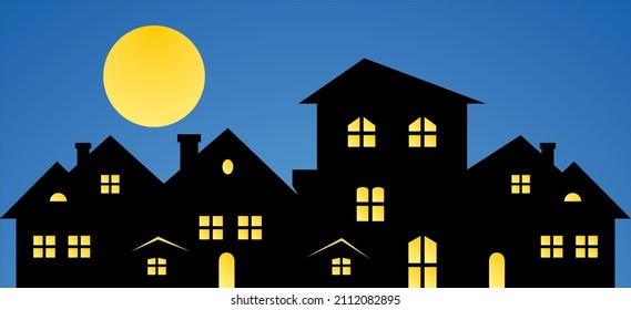 Night city, group of houses and moon, black silhouette on blue background, vector illustration