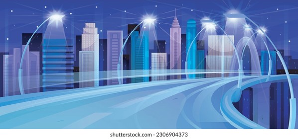 Night city highway. Neon panorama with business town. Modern landscape with architecture, buildings and skyscrapers. Shining urban scenery with bridge and street. Cartoon flat vector illustration