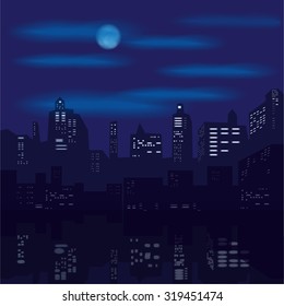 Night city, houses, windows, night sky, skyscrapers, moon, reflection, color, vector, banner, illustration