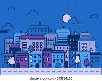 Night city illustration. Cityscape. Urban landscape. Buildings, trees,clouds, moon, skyscrapers, road. Flat vector graphic design