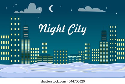 Night city illustration of different buildings with turned on light in flats. Ground covered with snow piles, thin moon and clouds on dark blue sky. Vector winter in cartoon design flat style