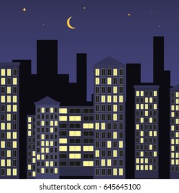 Night city illustration of different buildings with turned on light in flats. Flat design, vector illustration, vector.