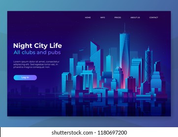 Night city illustration. Landing page concept. Modern city landscape on a dark background with glowing lights. Eps10 vector