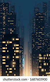 Night city illustration with light windows