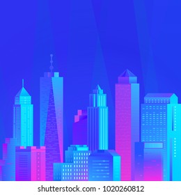 Night city illustration with neon glow. Skyscrapers at night. Cityscape vector illustration. Evening in city background in luminescent colors