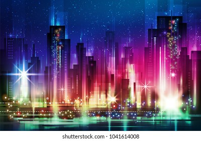 Night city illustration with neon glow and vivid colors.