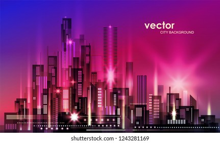 Night city illustration with neon glow and vivid colors. illustration with architecture, skyscrapers, megapolis, buildings, downtown.