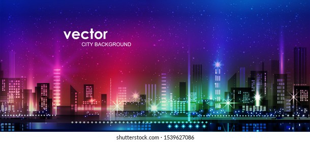 Night city illustration with neon glow and vivid colors. illustration with architecture, skyscrapers, megapolis, buildings, downtown.