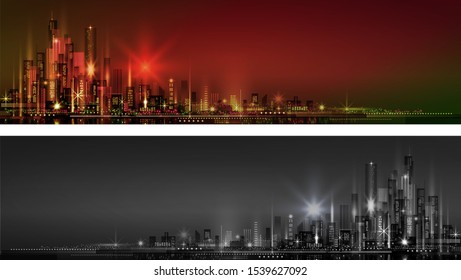 Night city illustration with neon glow and vivid colors. illustration with architecture, skyscrapers, megapolis, buildings, downtown.